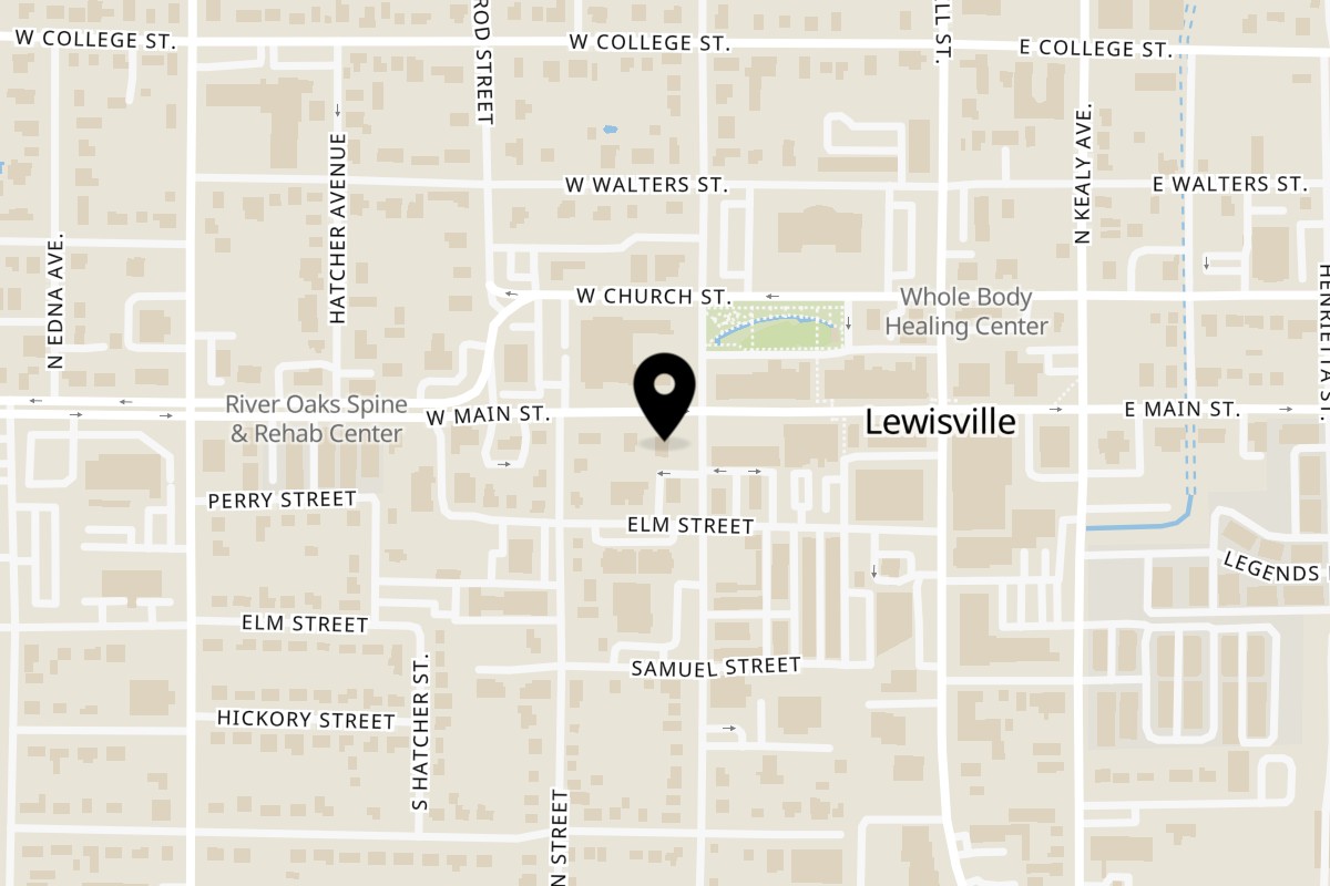 Map showing the location of The Tomato Pizza Lewisville on 206 W Main St Ste 1 in Lewisville