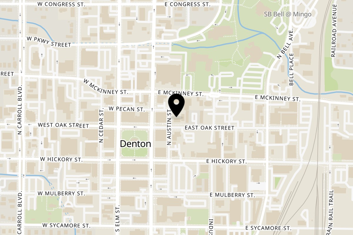 Map showing the location of The Tomato Pizza Denton on 208 N Austin St in Denton
